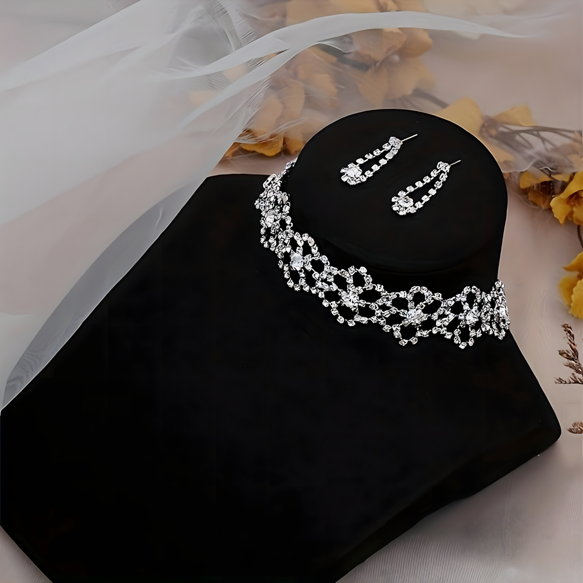 Silver Crystal Choker Necklace & Earrings Set Women – Sparkling Rhinestone 689