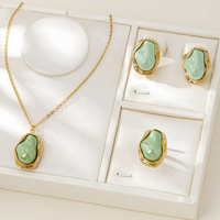 Irregular Green Stone Necklace, Earrings and Ring Set, Freeform Pendant 1724