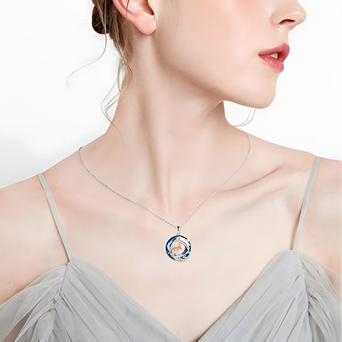 Dolphin Mother & Baby Pendant Necklace Women Zinc Alloy Animal Ocean Wave 1084