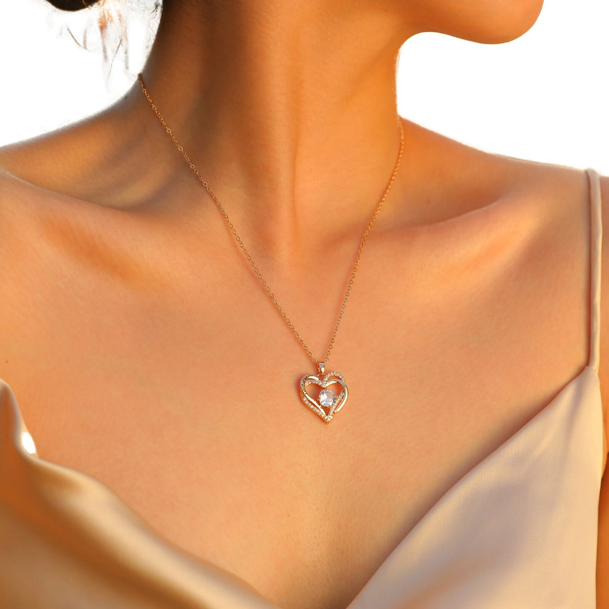 Gold Plated Heart Necklace Women Double Heart Pendant with AAA Cubic Zircon B4