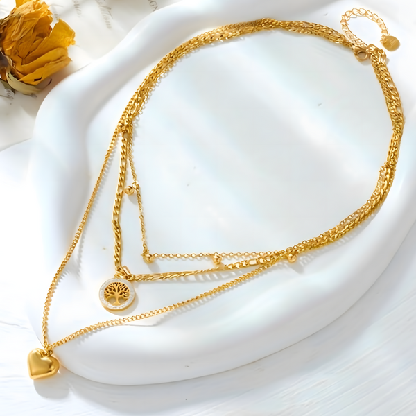 3 PCS Layered Gold Necklace Set Women Heart & Tree of Life Pendant & Earing 704
