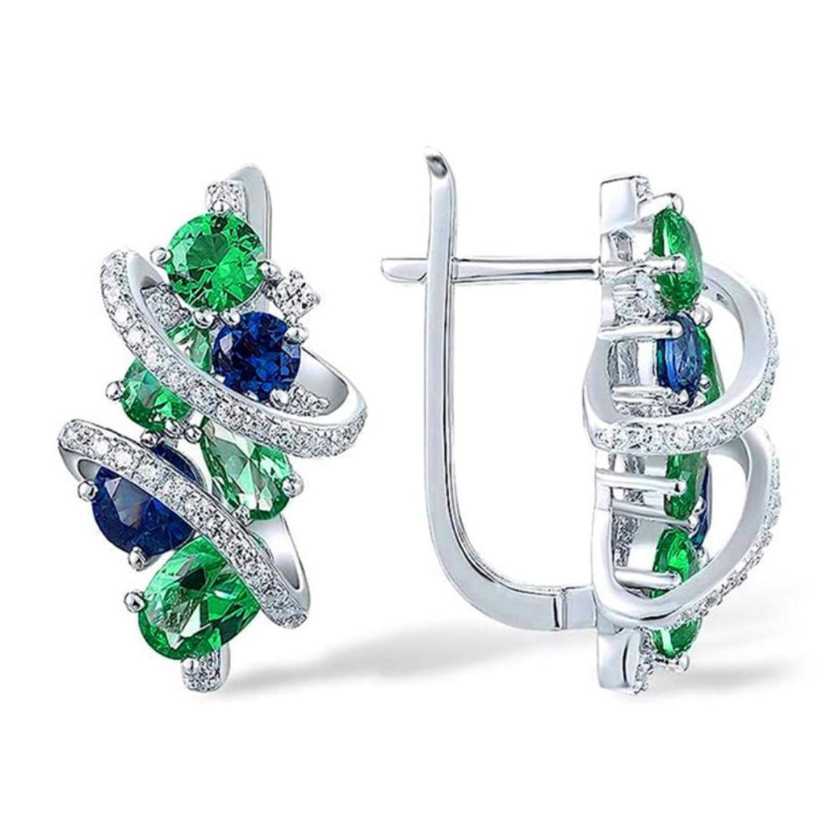 Sparkling Green & Blue Gemstone Swirl Hoop Drop Earrings – Women’s Bridal 1308