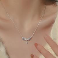 925 Silver Leaf Vine Necklace Women Zinc Alloy Base with Crystal Teardrop 838