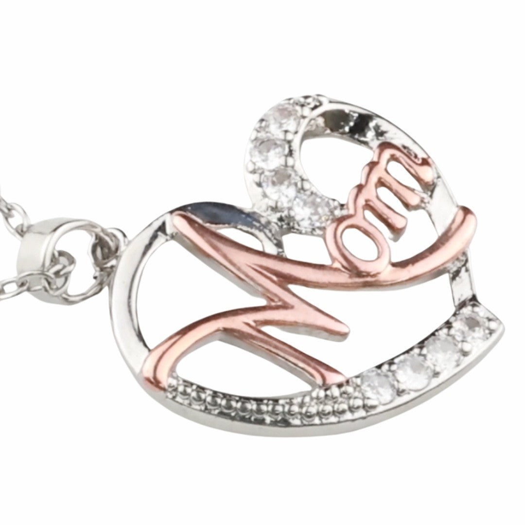 Two Tone Mom Heart Necklace Silver And Rose Gold Pendant Cubic Zirconia 1363