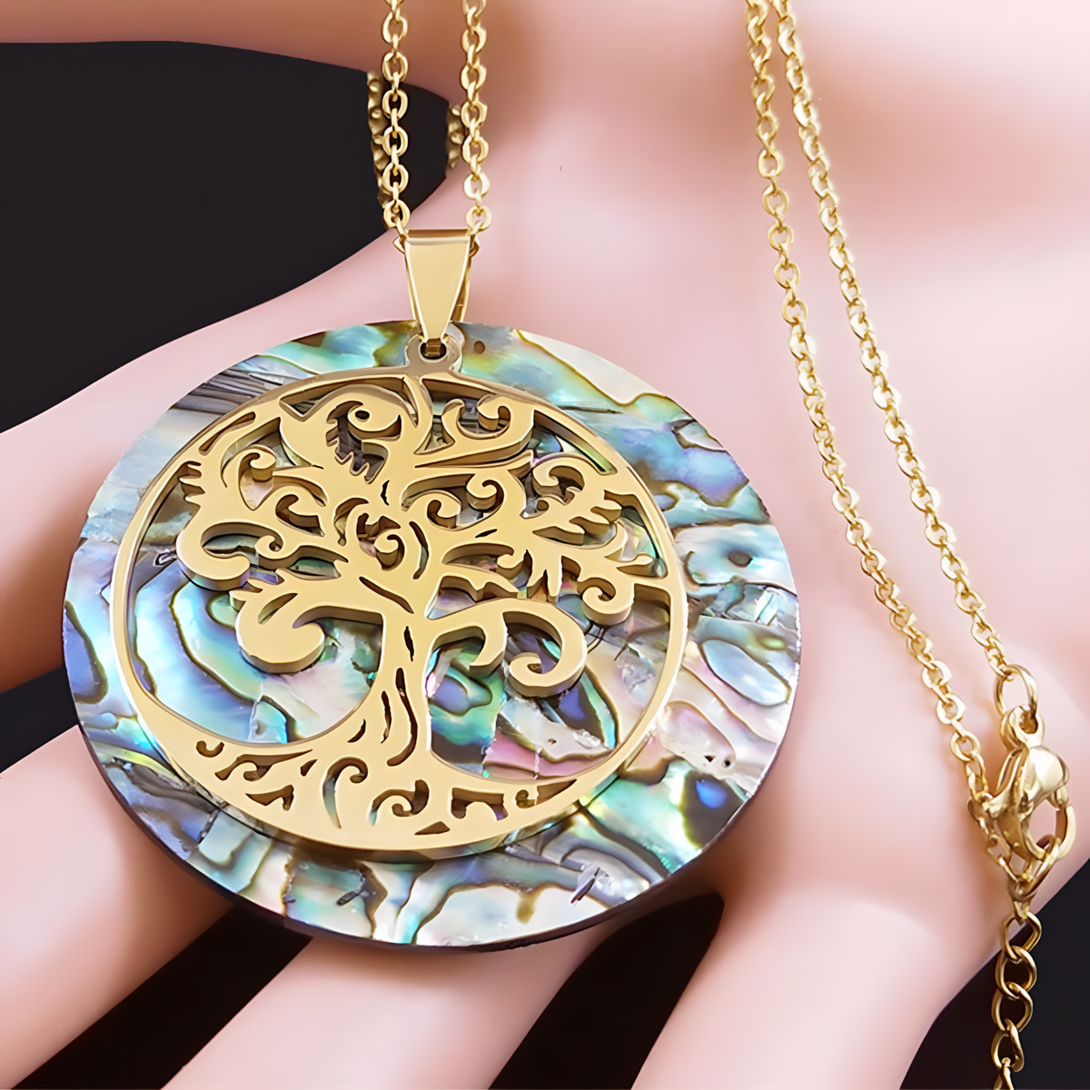Unified Jewellery Abalone Tree of Life Gold Tone Necklace Natural Iridescent B65