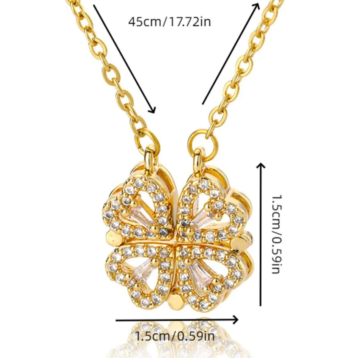 Magnetic Four Leaf Clover Necklace, Gold-Toned Chain, Sparkling CZ Stones 373