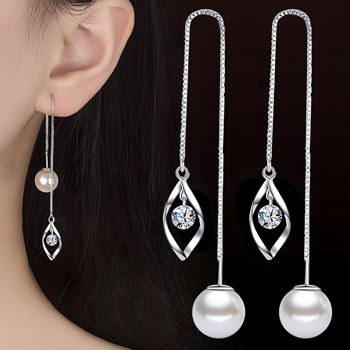 Elegant Pearl Threader Earrings Women Long Drop Chain Earrings Cubic Zircon 1022