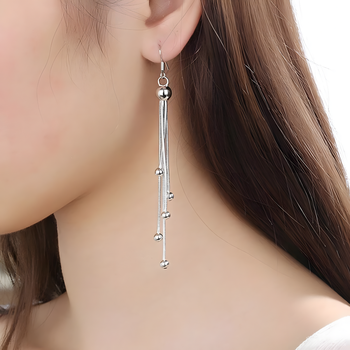 925 Sterling Silver Multi-Layered Long Chain Drop Earrings with Ball Beads 327