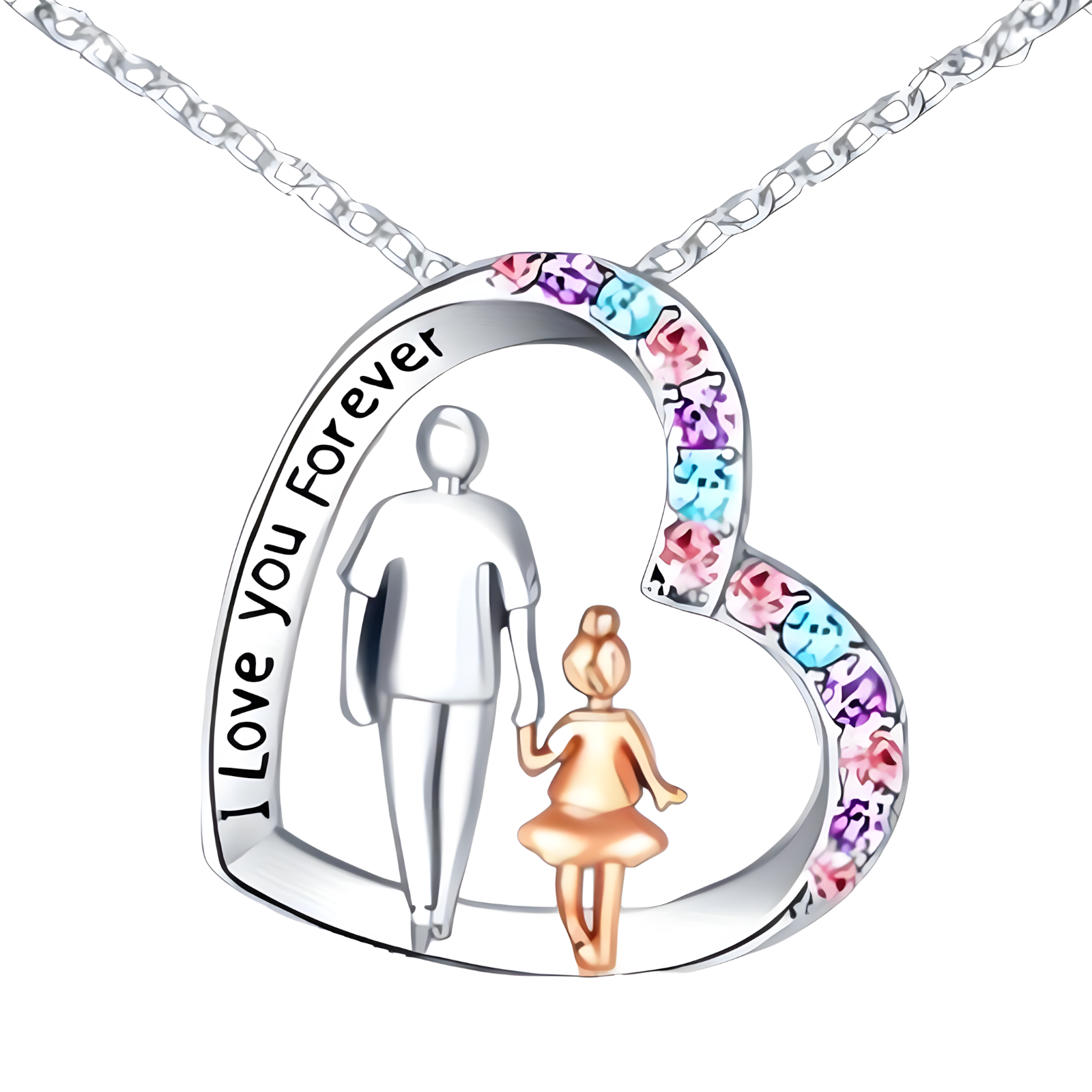 "I Love You Forever" Father Daughter Heart Necklace Pendant Cubic Zirconia B56