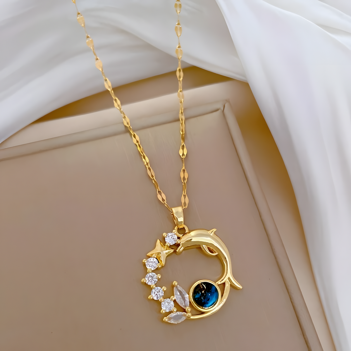 Women's Titanium Steel Dolphin Star Pendant Necklace MicroIntact Zircon 594