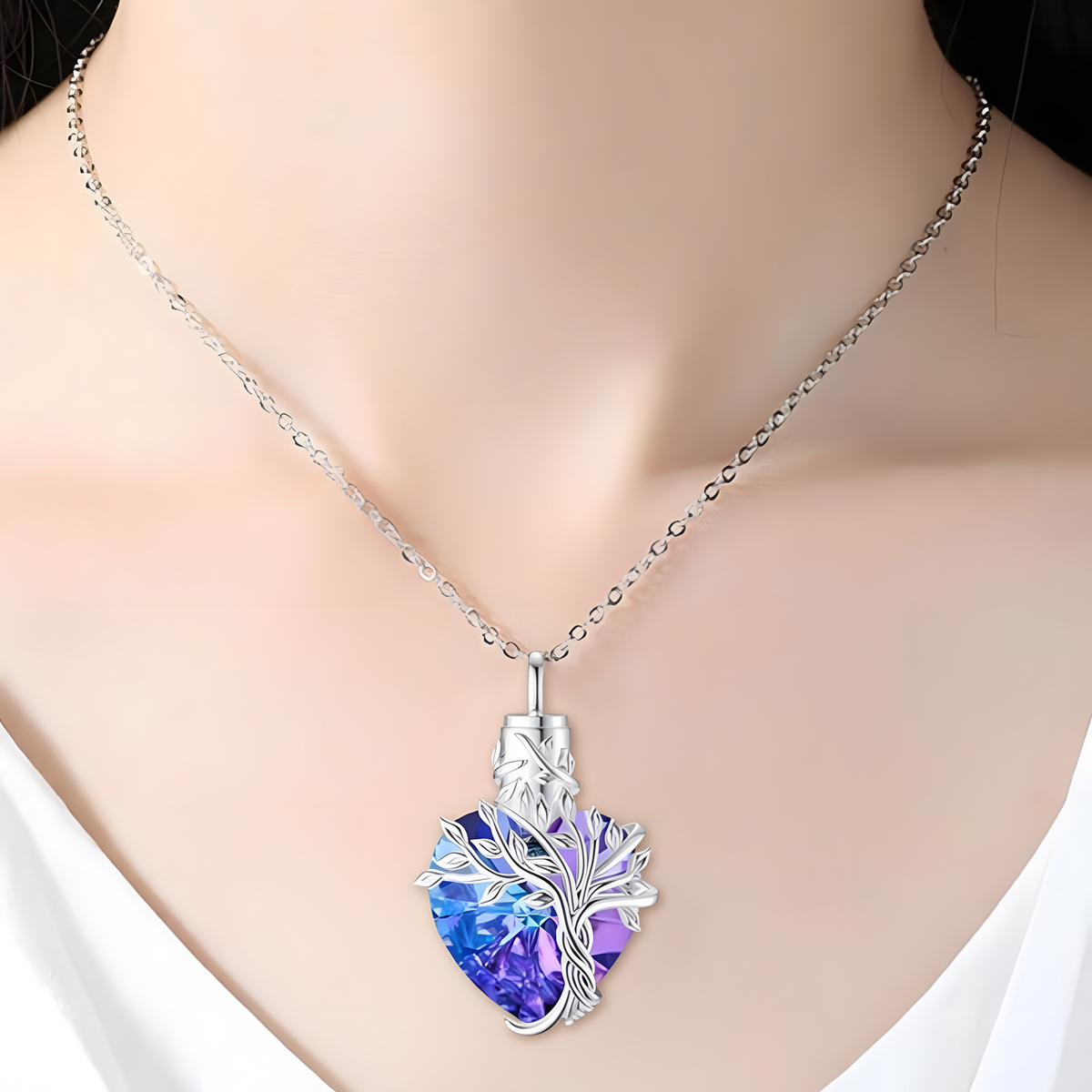 Tree of Life Heart Crystal Pendant Necklace for Women – Blue Purple Charm B71