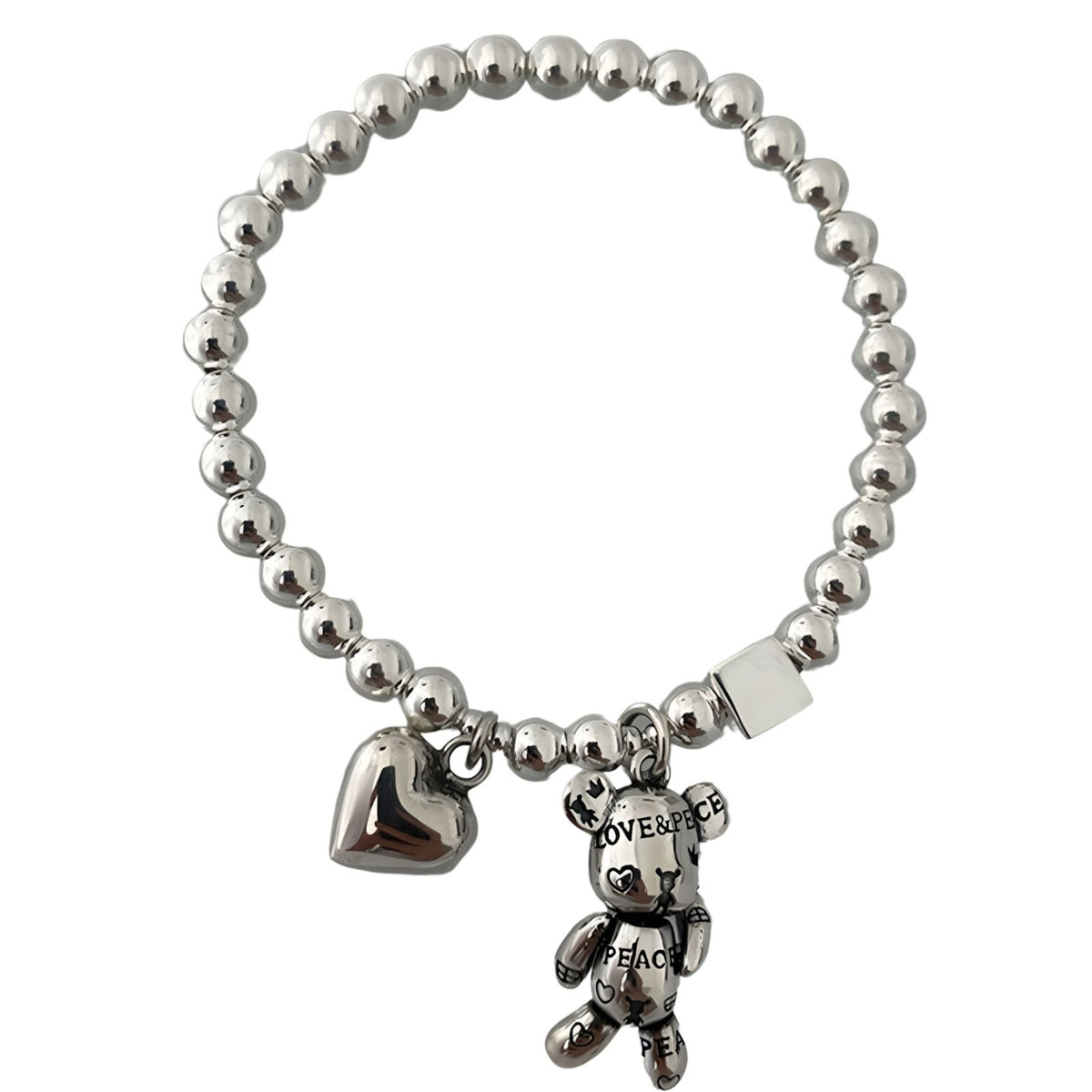 Beaded Charm Bracelet– Copper Alloy, Electroplated Silver, Elastic Stretch 864