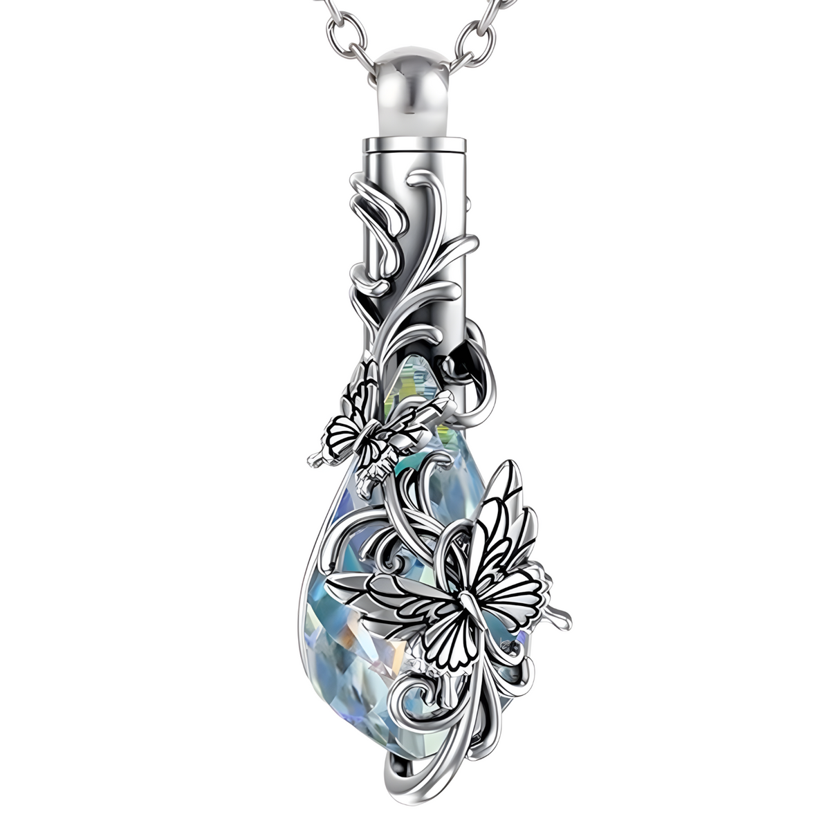 Butterfly Urn Cremation Necklace for Ashes Womens Tear Drop Crystal Keepsake B94