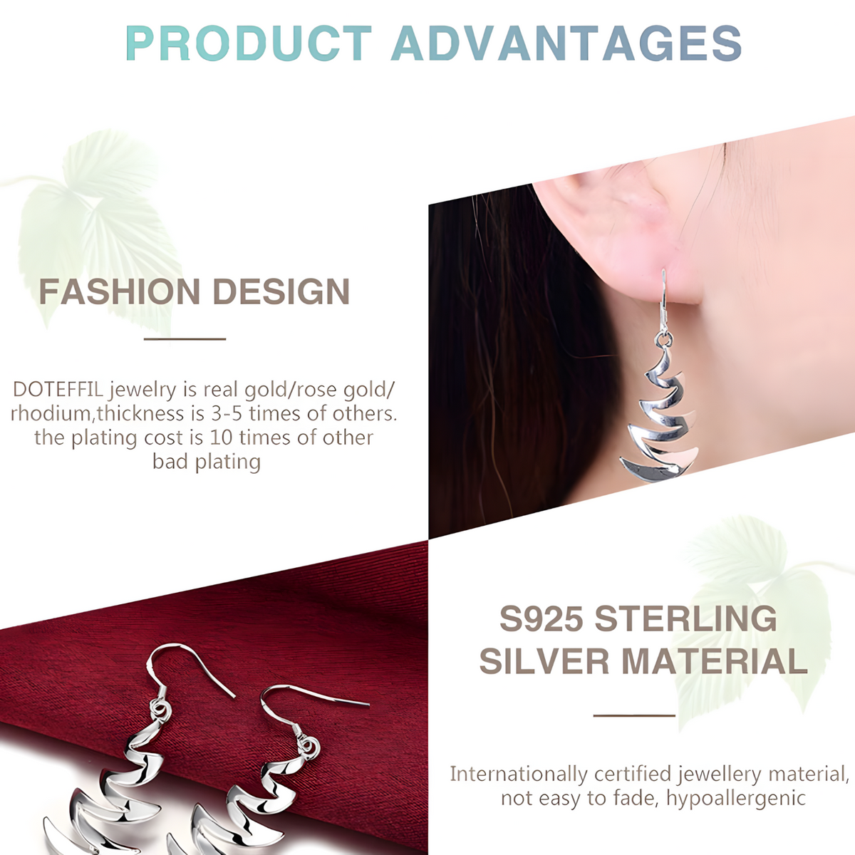 Silver Plated Crescent Wave Drop Earring Women–Elegant Spiral Dangle Design 1206