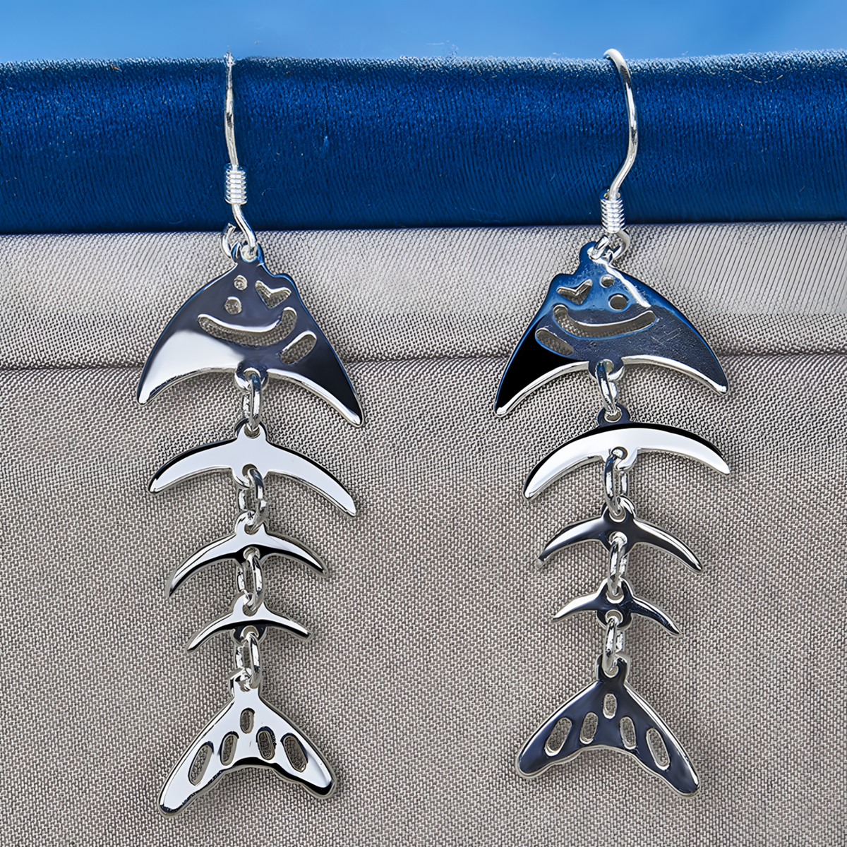 Sterling Silver Fish Skeleton Dangle Earrings - Unique Smiling Fish Jewelry B42