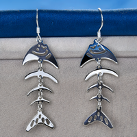 Sterling Silver Fish Skeleton Dangle Earrings - Unique Smiling Fish Jewelry B42