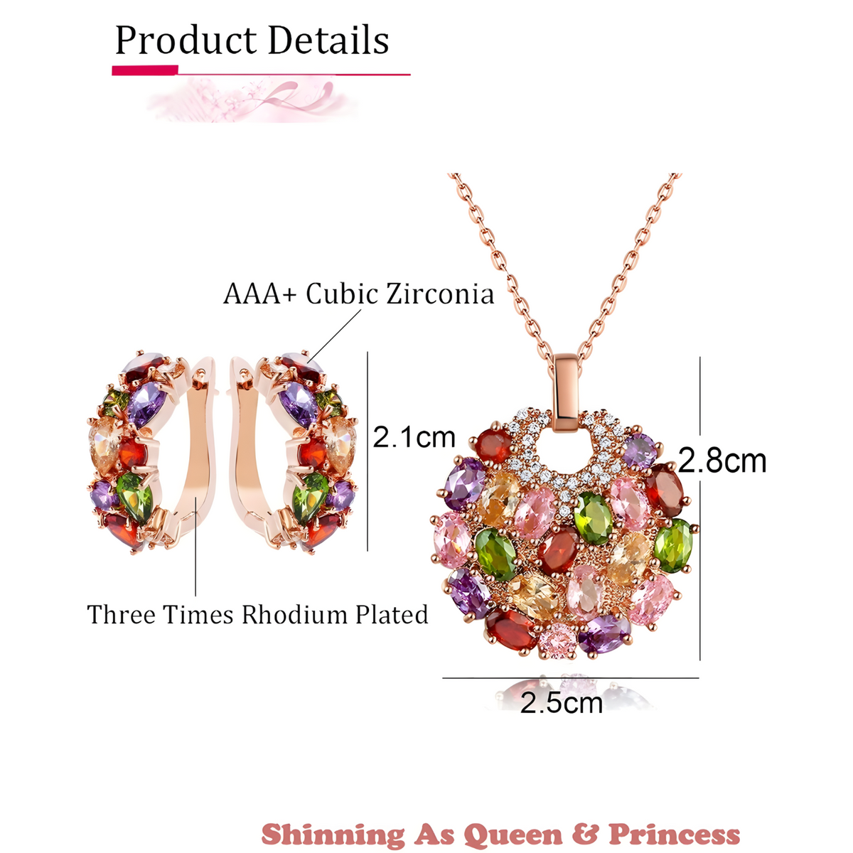 Rose Gold Plated Multicolour Cubic Zirconia Jewellery Set For Women Heart 1701