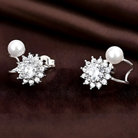 925 Sterling Silver Snowflake Stud Earrings with Pearl Accents, Sparkling CZ 326