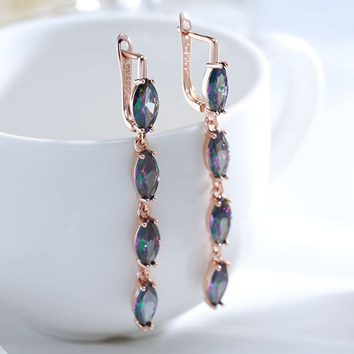 Colorful Natural Zircon Long Drop Earrings Women, Copper Base 585 Rose Gold 1278