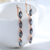 Colorful Natural Zircon Long Drop Earrings Women, Copper Base 585 Rose Gold 1278