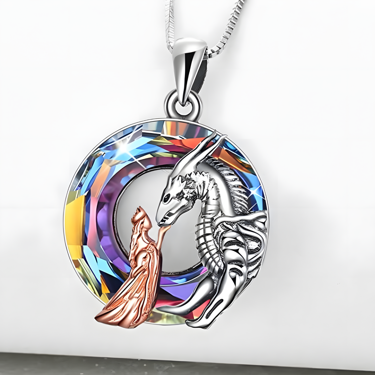 Unified Jewellery Dragon & Queen Crystal Pendant Necklace Silver Tone B58