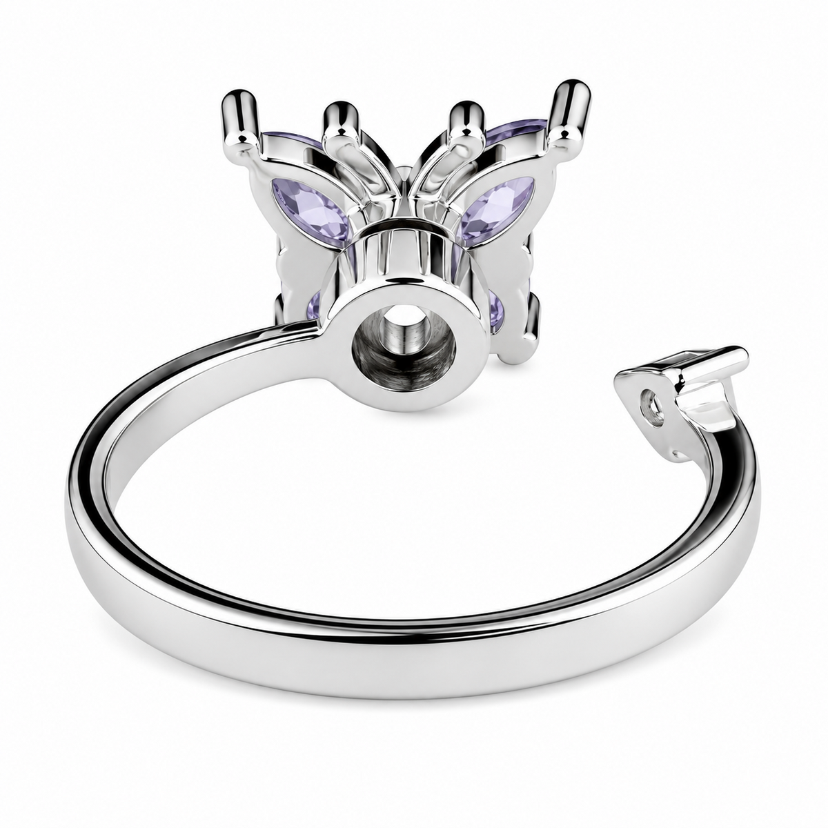 Butterfly Spinner Ring Silver Tone Adjustable Open Ring with Purple Crystal 1589
