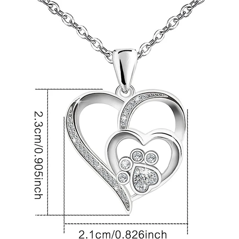 Paw Print Double Heart Pendant Necklace for Women-Sparkling Cubic Zirconia 1306