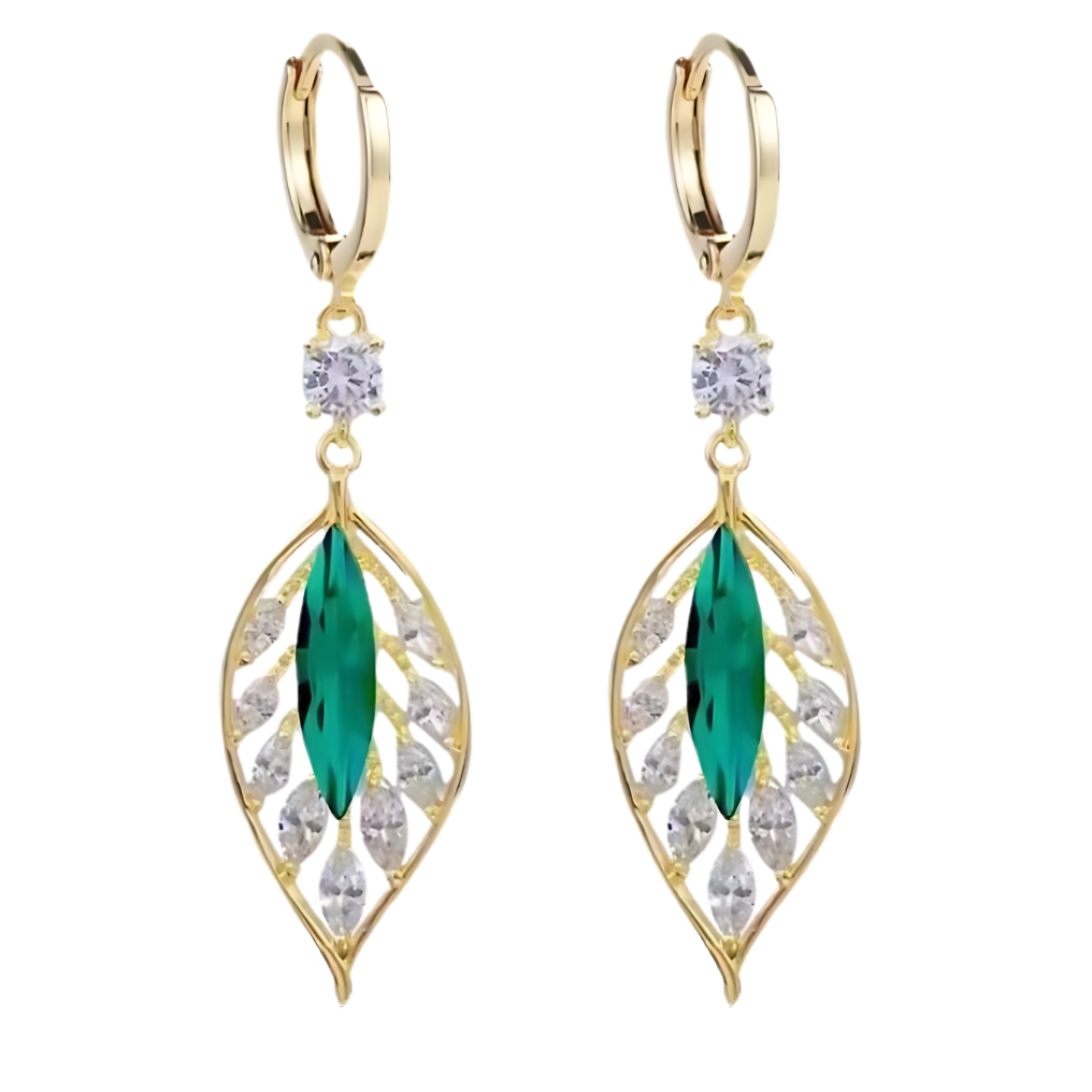 Leaf Crystal Drop Earrings, 14K Gold Plated with Sparkling Zirconia, Elegant 112