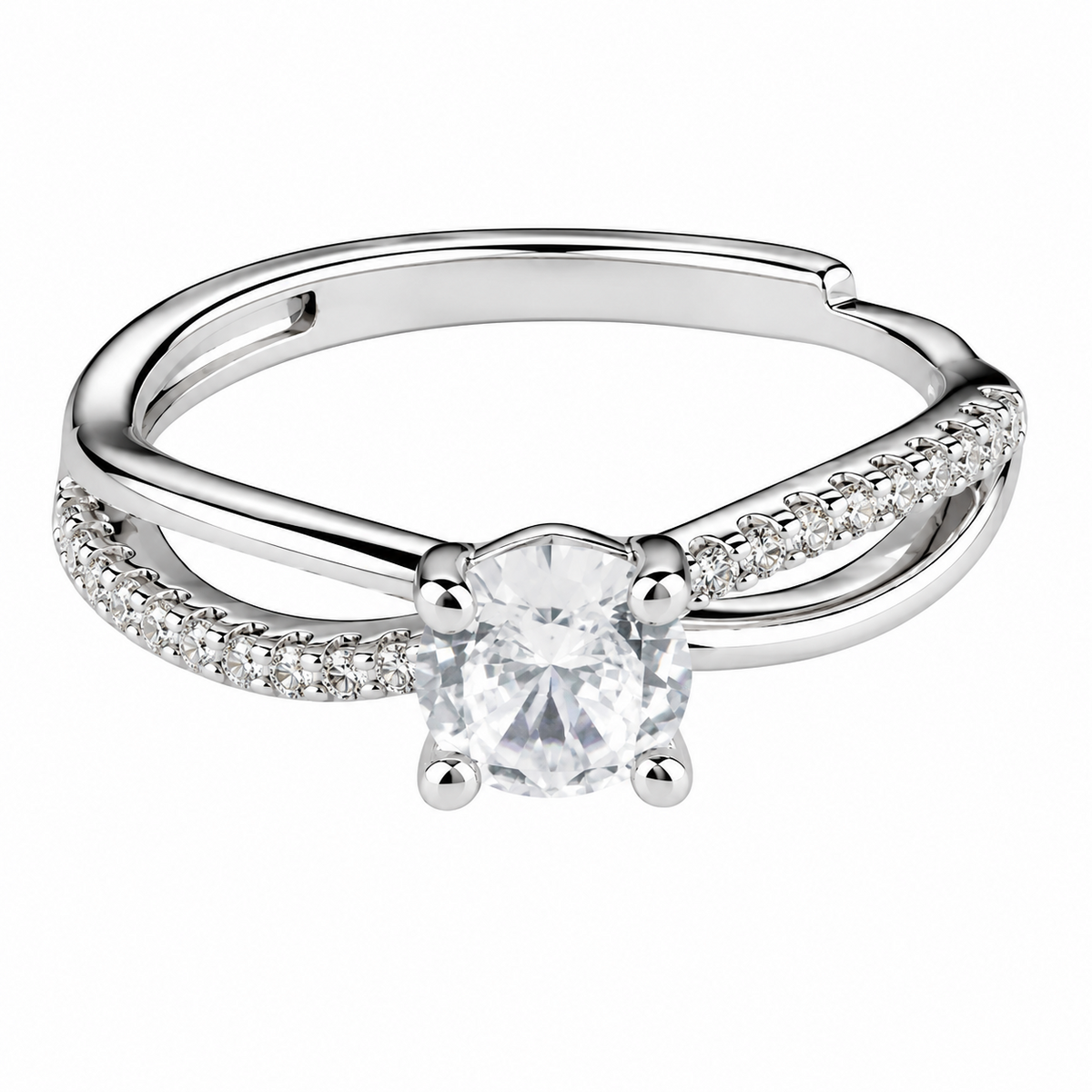 Adjustable Round Brilliant Zircon Engagement Ring, Silver Tone Twisted Pave 1655