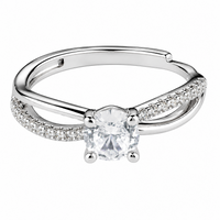 Adjustable Round Brilliant Zircon Engagement Ring, Silver Tone Twisted Pave 1655