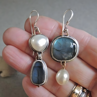 Women's Blue Dangle Earrings with Irregular Labradorite Cultured Freshwater B111