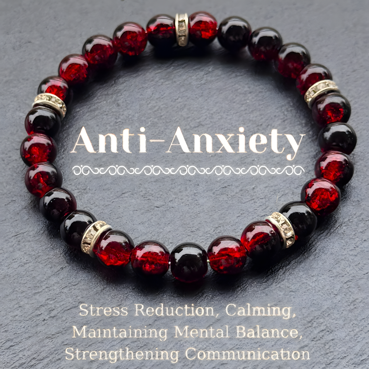 Anti Anxiety Style Red Black Beaded Bracelet 8mm Round Acrylic Beads 1743