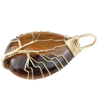 Gold Tiger Eye Tree Of Life Pendant Necklace For Women Oval Gemstone 1341