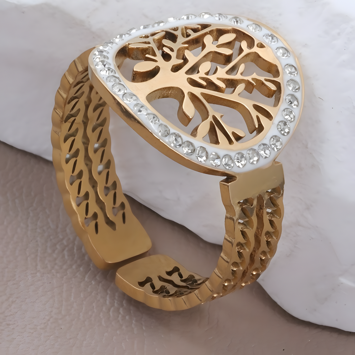 Gold Tree of Life Ring – Adjustable Stainless Steel Open Band Clear Crystal 842