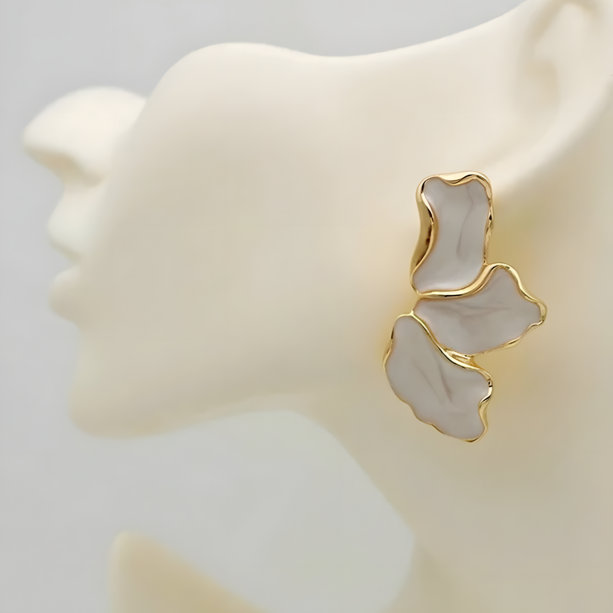 Irregular Flower Statement Drop Earring for Women 2.9cm Gold Cream Abstract 1395
