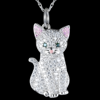 Cat Pendant Necklace For Women Silver Tone Look Crystal Kitten Charm Animal B246