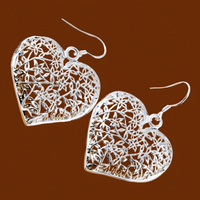 Large Silver Plated Heart Drop Earrings - Cutout Filigree Lace Design Dangle B41