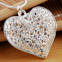 Filigree Heart Pendant Necklace for Women – Silver Plated Alloy Floral Cut 1101