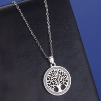Stainless Steel Tree of Life Pendant Necklace Silver Round Cut Out Tree 1088