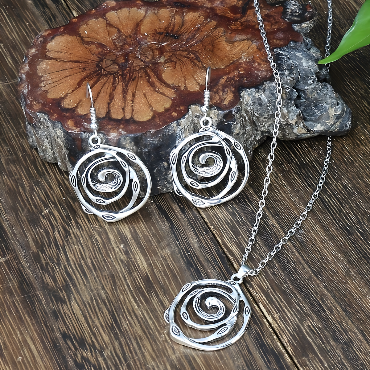 Boho Ethnic Spiral Jewelry Set for Women – Antique Silver Hollow-Out Pendant 676