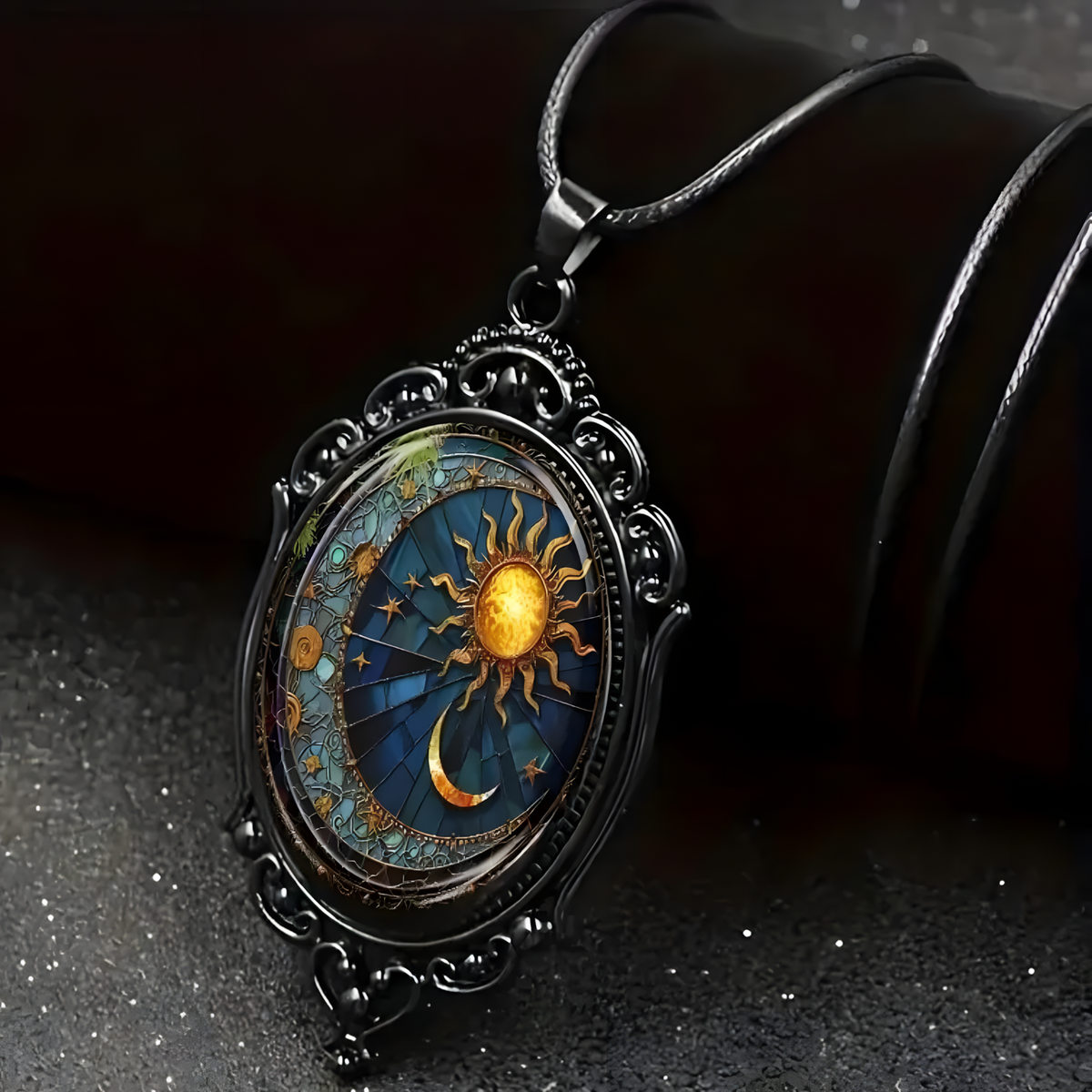 Vintage Sun And Moon Pendant Necklace For Men Women - Black Ornate Frame 1455