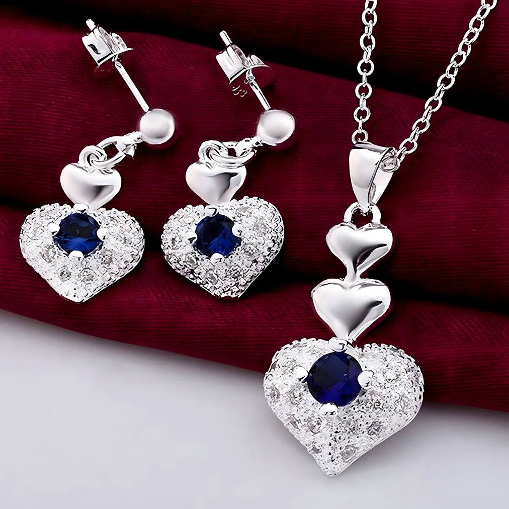 Sterling Silver Heart Jewelry Set Women Blue Zircon Crystal Pendant Necklace 680