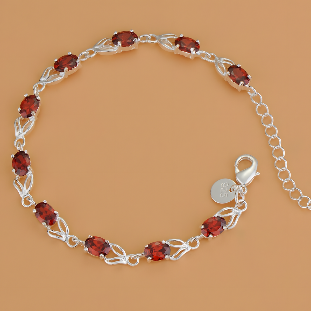 Red Zircon Bracelet, Silver Tone Geometric Charm Bracelet, Adjustable Chain 1742