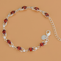 Red Zircon Bracelet, Silver Tone Geometric Charm Bracelet, Adjustable Chain 1742