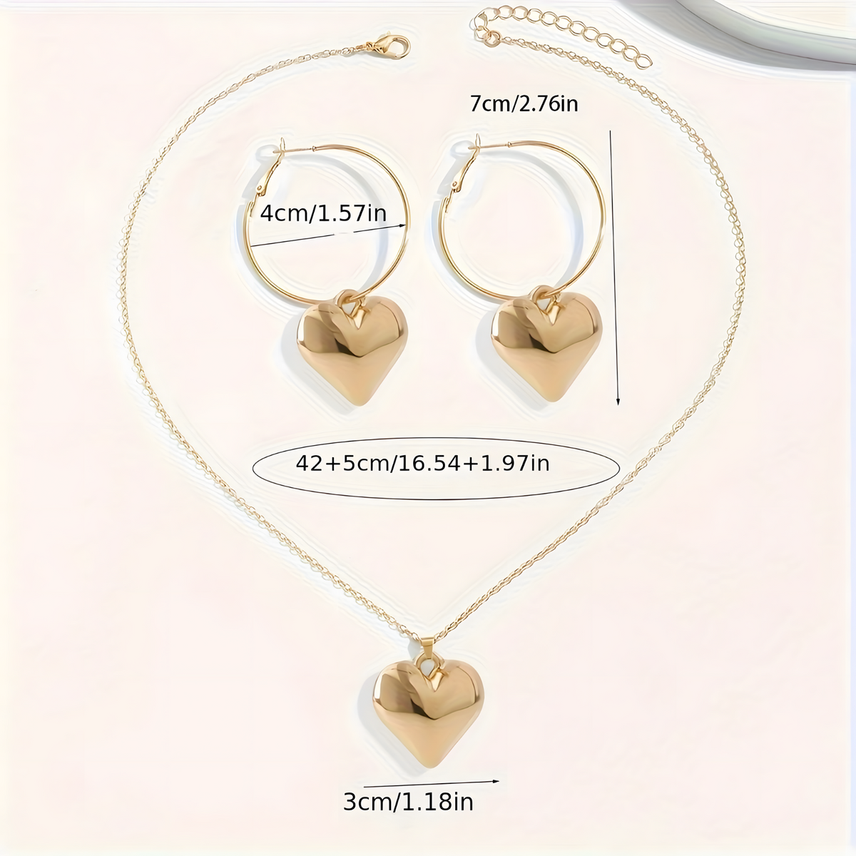 3PCS Gold Tone Heart Necklace & Earrings Set –Hoop Earrings Matching Heart 716