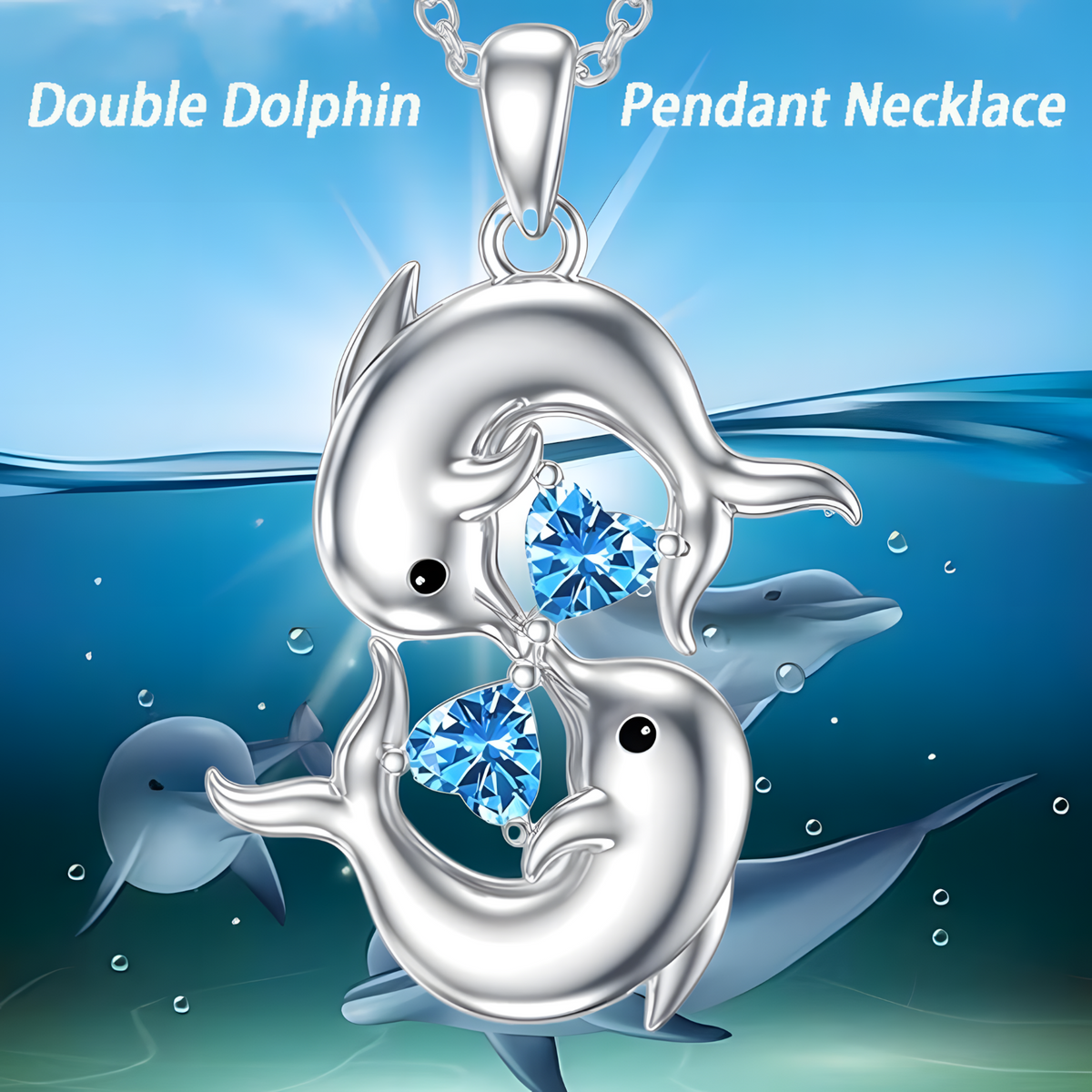 Sterling Silver Plated Double Dolphin Kiss Necklace for Women Romantic Blue B178