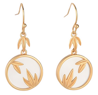 Gold Tone Bamboo Leaf Drop Earrings White Inlay Nature Inspired Dangle 32mm B18