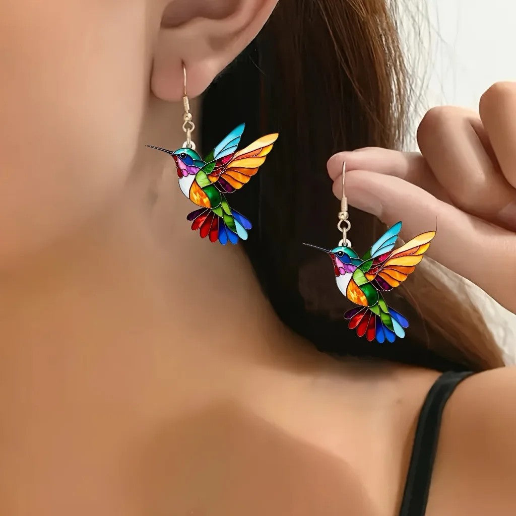Acrylic Hummingbird Earrings – Bright Multicolour Bird Dangle Style 1235