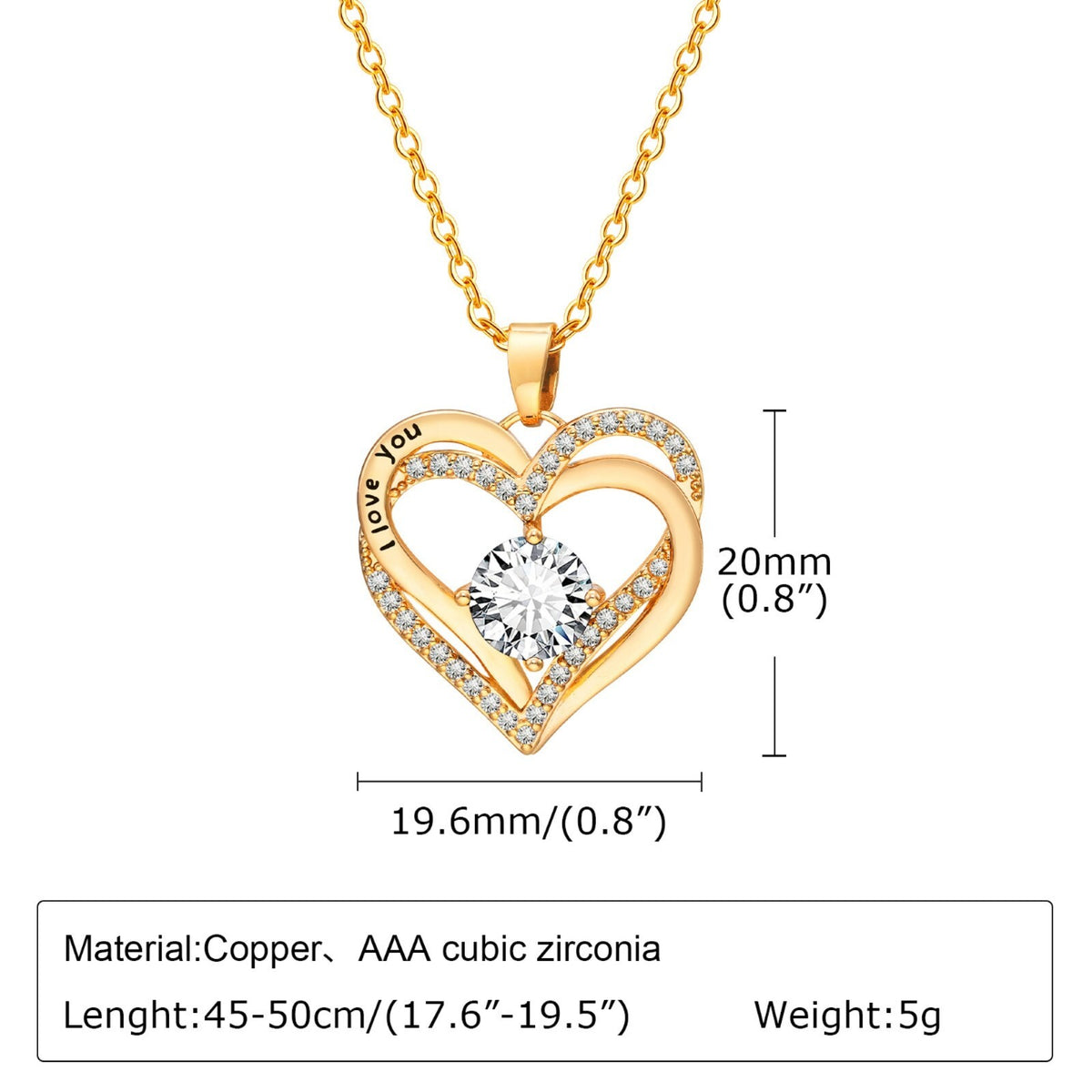 Gold Plated Heart Necklace Women Double Heart Pendant with AAA Cubic Zircon B4