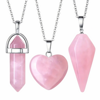 Natural Rose Quartz Necklace Set 3 Piece Healing Crystal Pendant Set Silver 1469